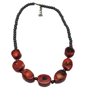 Hematite and Coral bead statement necklace boho